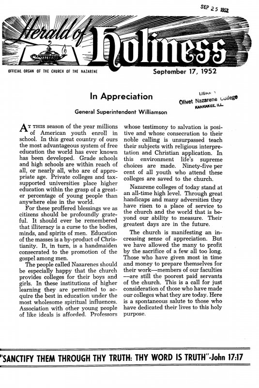 Title Page of Herald of Holiness - September 17, 1952