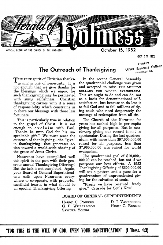 Title Page of Herald of Holiness - October 15, 1952