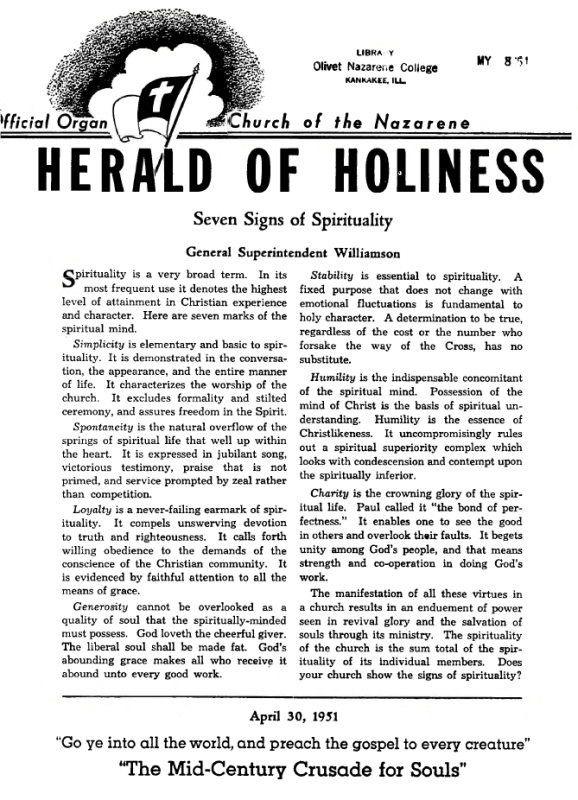 Title Page of Herald of Holiness - April 30, 1951
