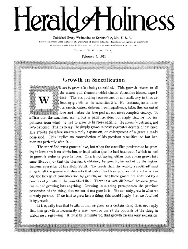 Title Page of Herald of Holiness - February 9, 1921