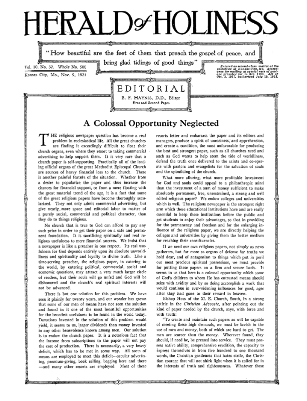 Front page of Herald of Holiness - November 9, 1921