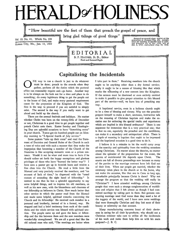Front page of Herald of Holiness - January 11, 1922