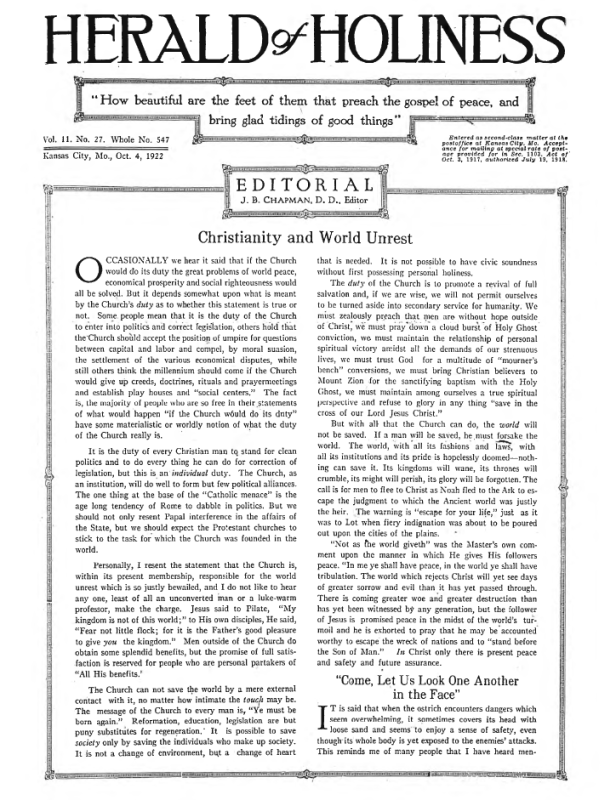 Front page of Herald of Holiness - October 4, 1922