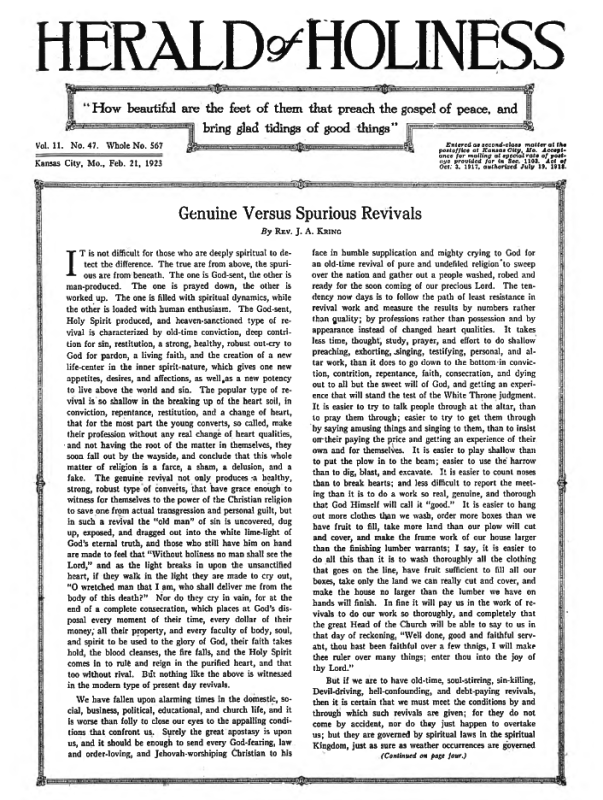 Front page of Herald of Holiness - February 21, 1923