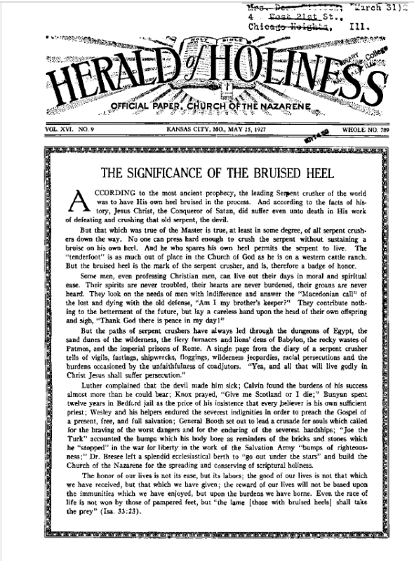 Front page of Herald of Holiness - May 25, 1927