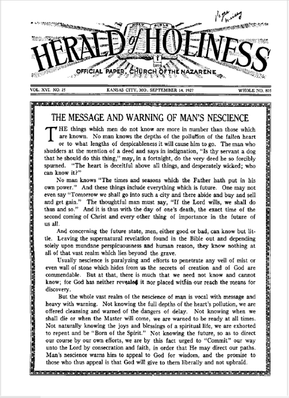 Front page of Herald of Holiness - September 14, 1927